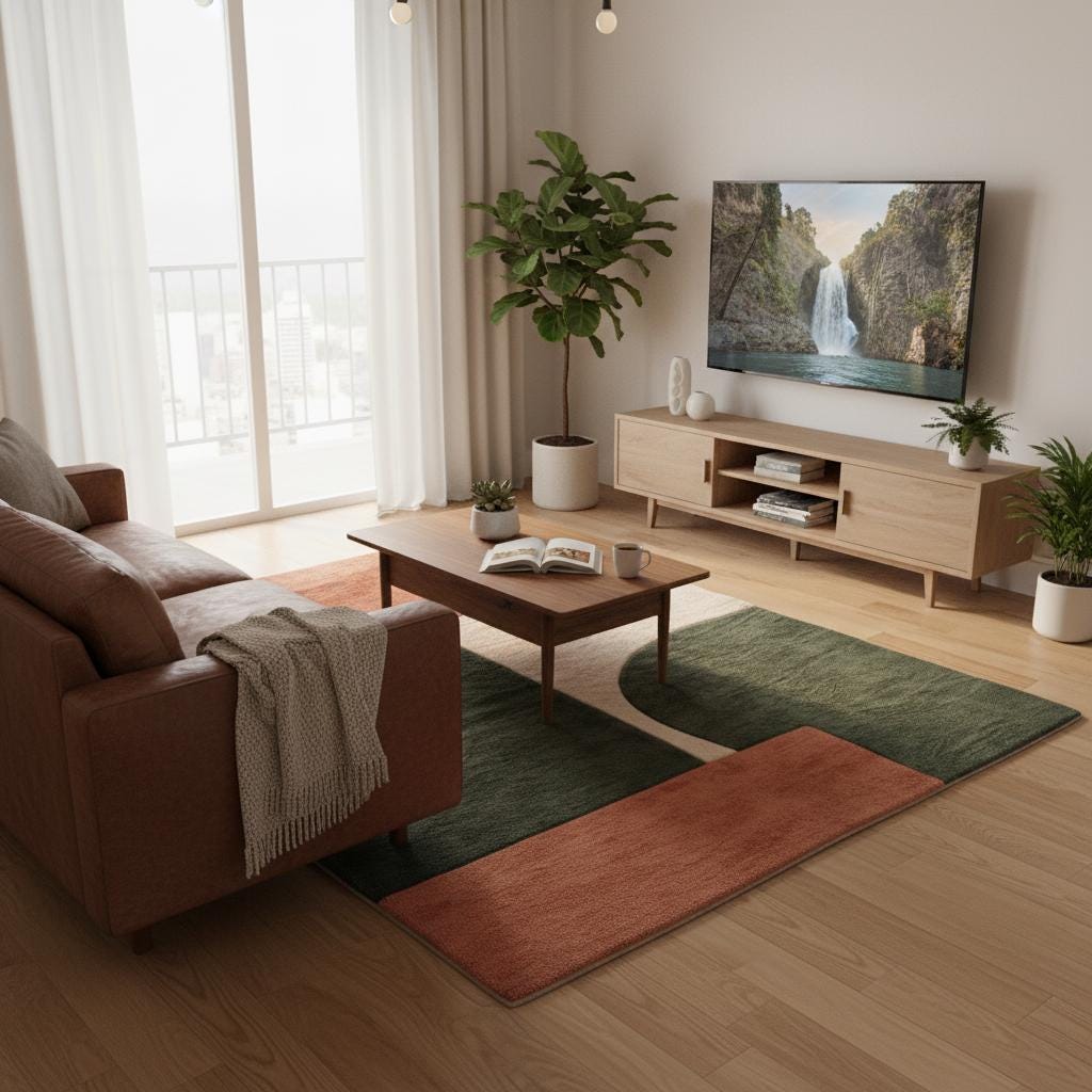 Stylish geometric carpet used as a statement piece in a modern living space with natural light and indoor greenery.