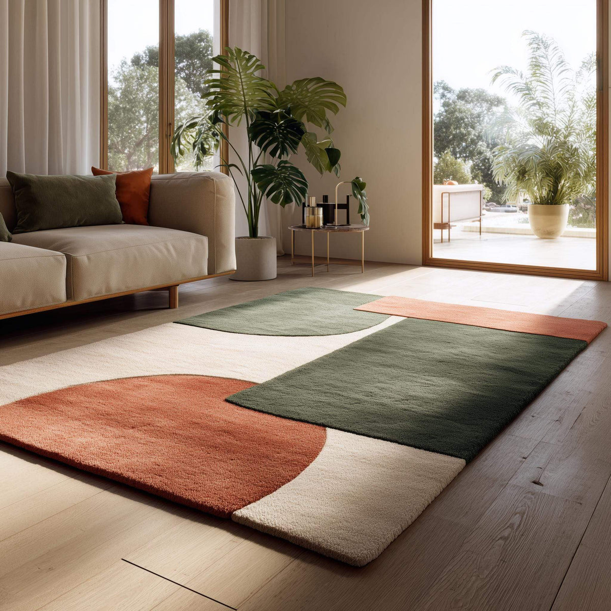 Modern geometric wool rug with earthy terracotta, green, and cream tones and plush tufted texture