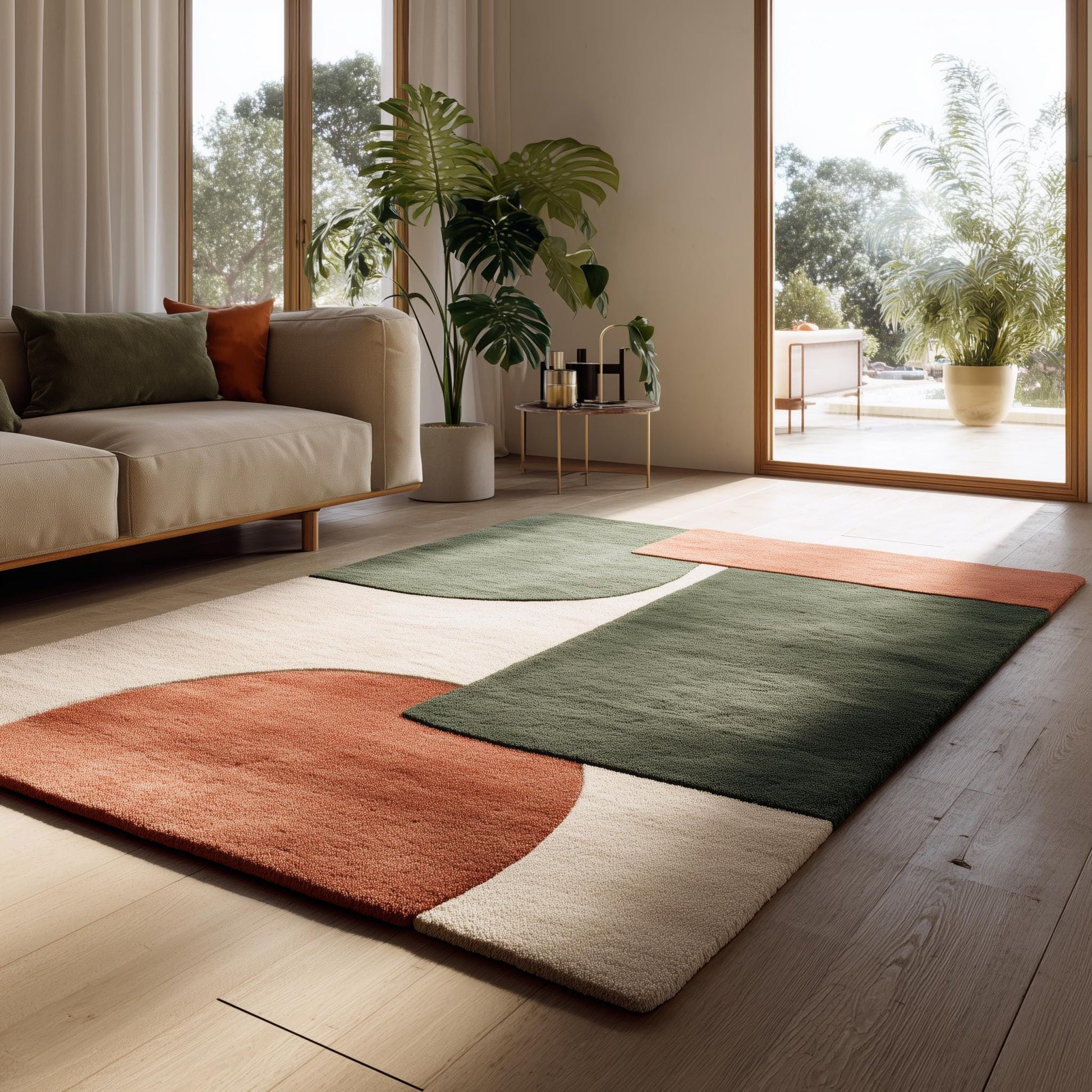 Modern geometric wool rug with earthy terracotta, green, and cream tones and plush tufted texture