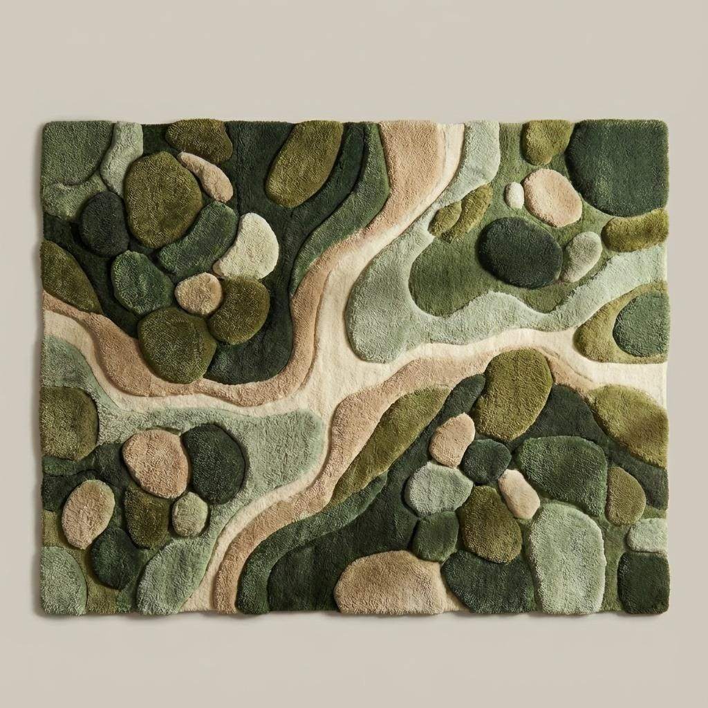 Top-down view of abstract green area rug displaying full organic pattern, flowing lines, and earth tone color palette with textured pile design for modern and nature-inspired interiors.