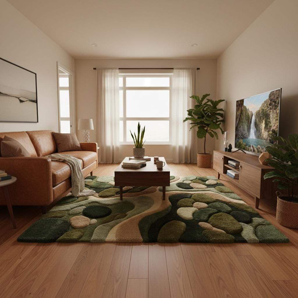 Detailed view of rug edge and sculpted pile height showing clean finishing, layered texture, and abstract design details that help visualize thickness, quality, and proportions.