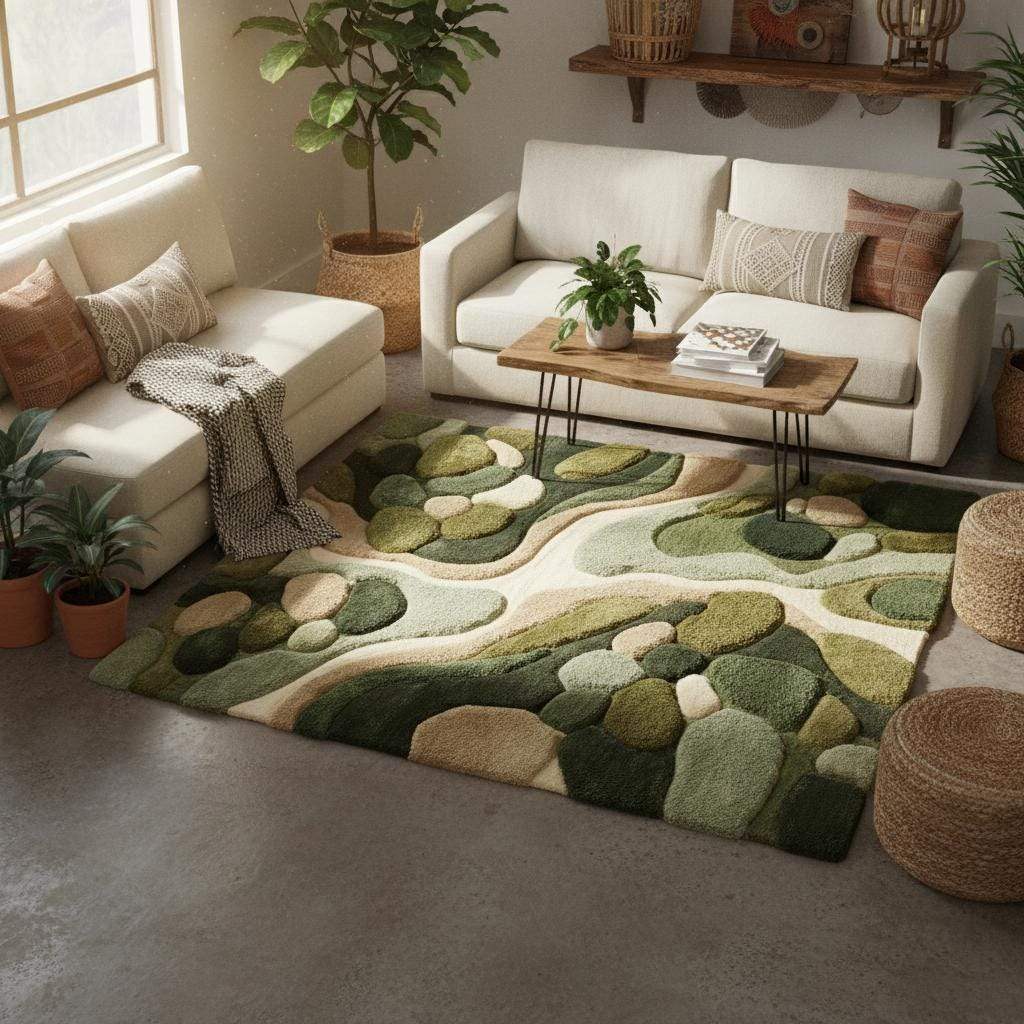 Textured organic modern rug placed in a living room, complementing hardwood floors and minimalist decor while adding warmth, comfort, and visual depth with nature-inspired shapes.