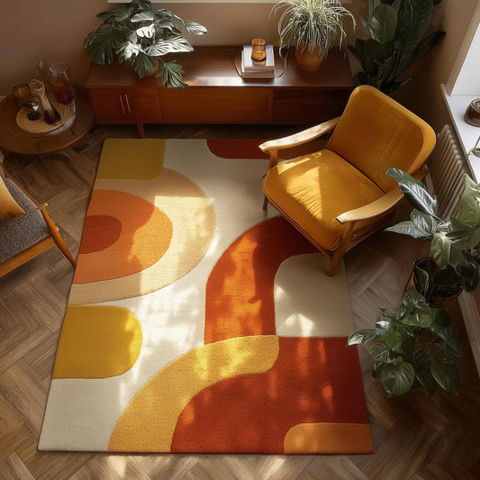 Mid century modern retro geometric rug with warm burnt orange and mustard yellow abstract curves pattern