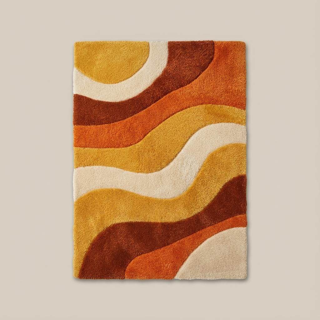 Mid century modern orange and yellow sculpted shag area rug adding warmth and dimension to a bright reading nook.