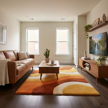 Colorful retro wavy rug with textured carving and warm tones enhancing a boho-style interior with plants and wood furniture.