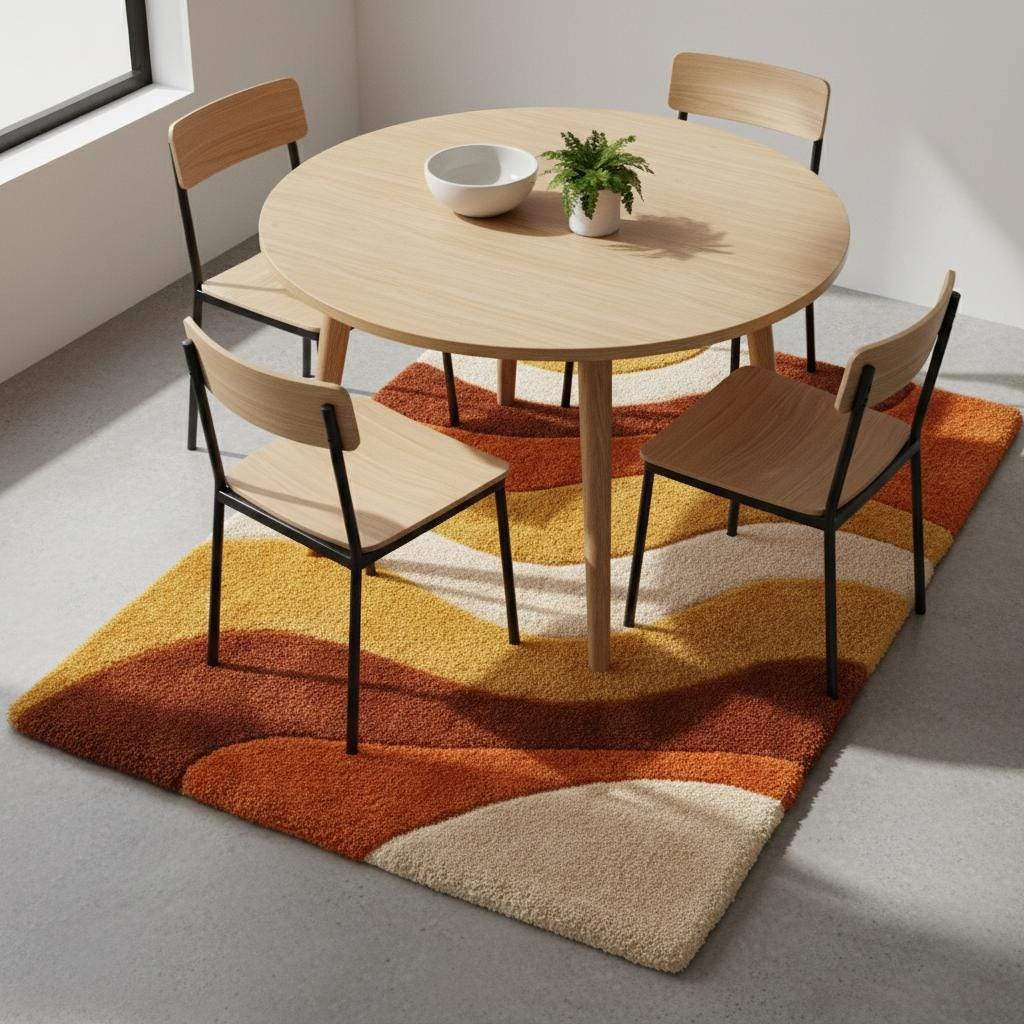 Retro sculpted shag rug in mustard orange with 70s wave pattern and plush texture