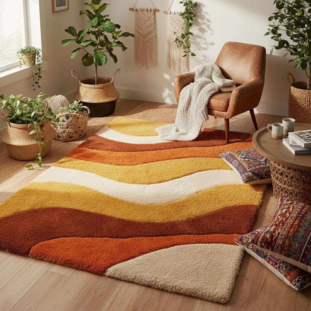 70s-inspired wave pattern rug with plush textured pile creating a retro aesthetic on wood flooring beside a vintage sideboard.