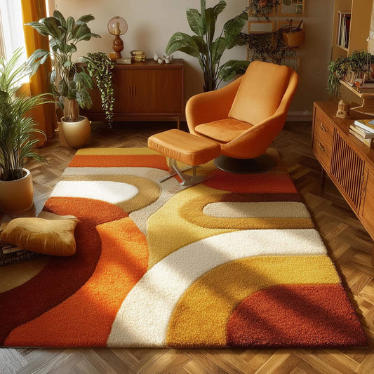 Orange mustard retro shag rug with plush soft shag carpet and mid century abstract pattern