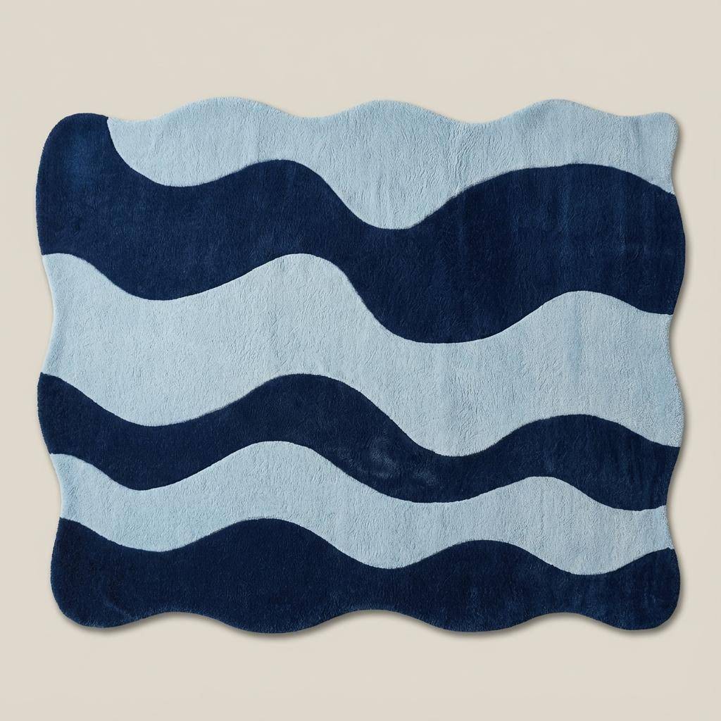 Soft plush wavy rug in two-tone blue color palette featured on herringbone wood flooring for modern home decor.