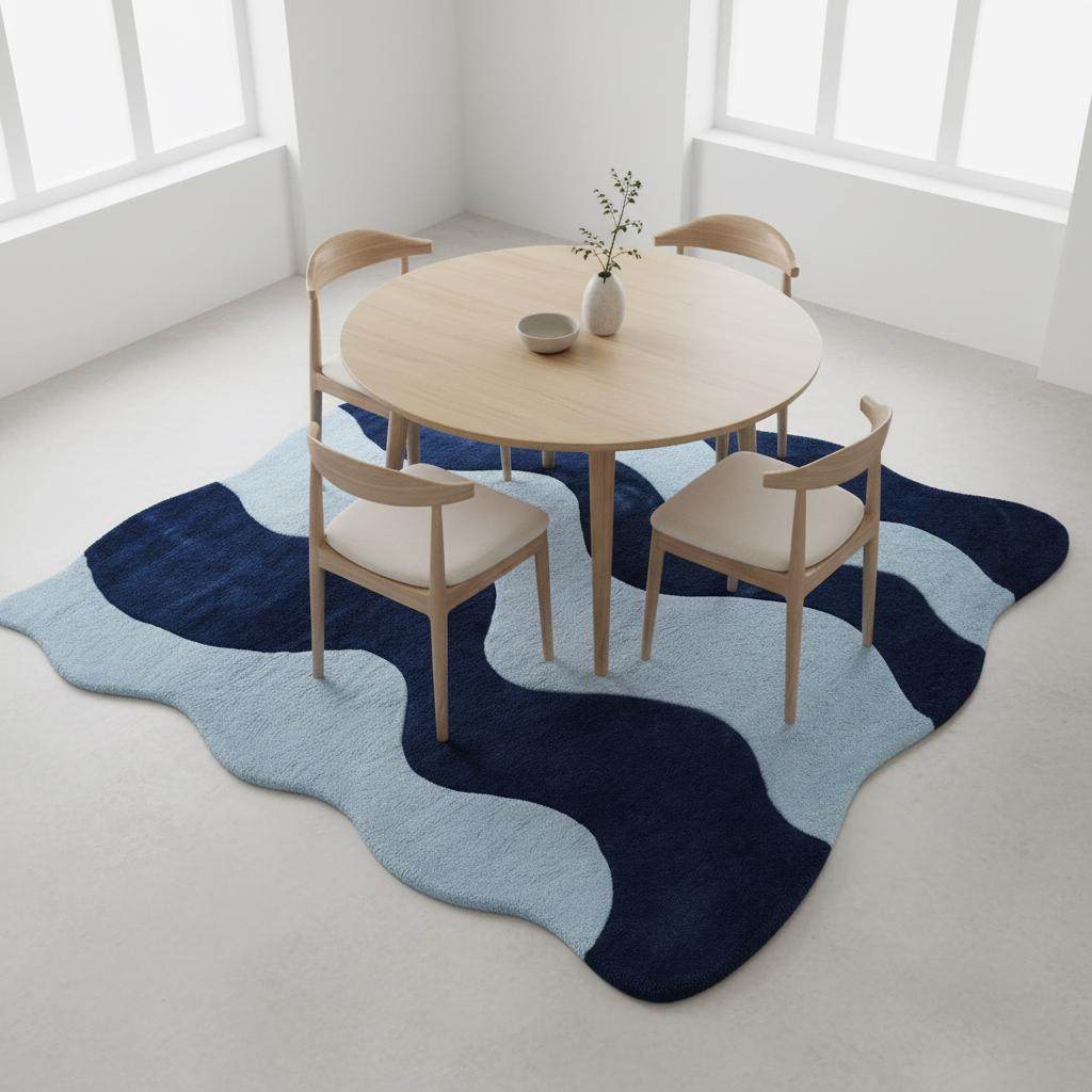 Modern wavy rug with abstract navy and light blue curved design, soft high pile, and durable synthetic fibers for contemporary living rooms