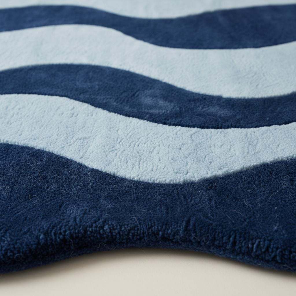 Irregular shaped curvy area rug in deep blue tones on hardwood floor, adding modern artistic style to living space.