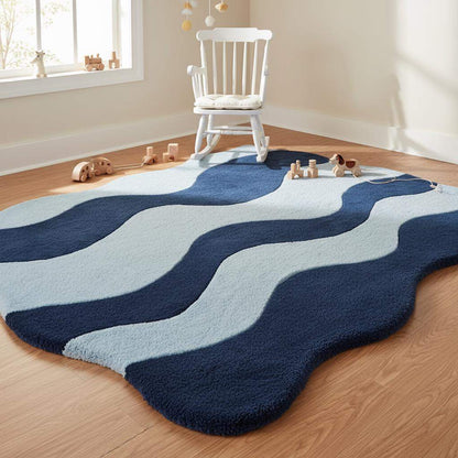 Decorative blue abstract carpet with fluid shapes creating a bold statement in a minimalist mid-century interior.