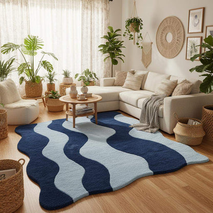 Contemporary abstract rug with flowing wave pattern in navy and light blue enhancing a cozy mid-century room.