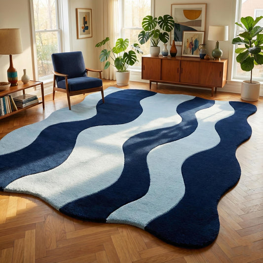 Modern wavy rug with abstract navy and light blue curved design