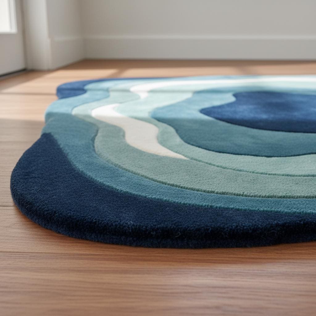 Modern accent rug with sculpted wavy pattern and multi-tone blue design enhancing a cozy living room with natural light and plants.