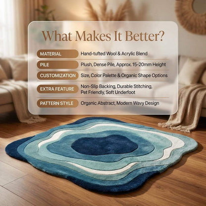 Modern wavy rug with abstract ocean blue pattern and plush texture