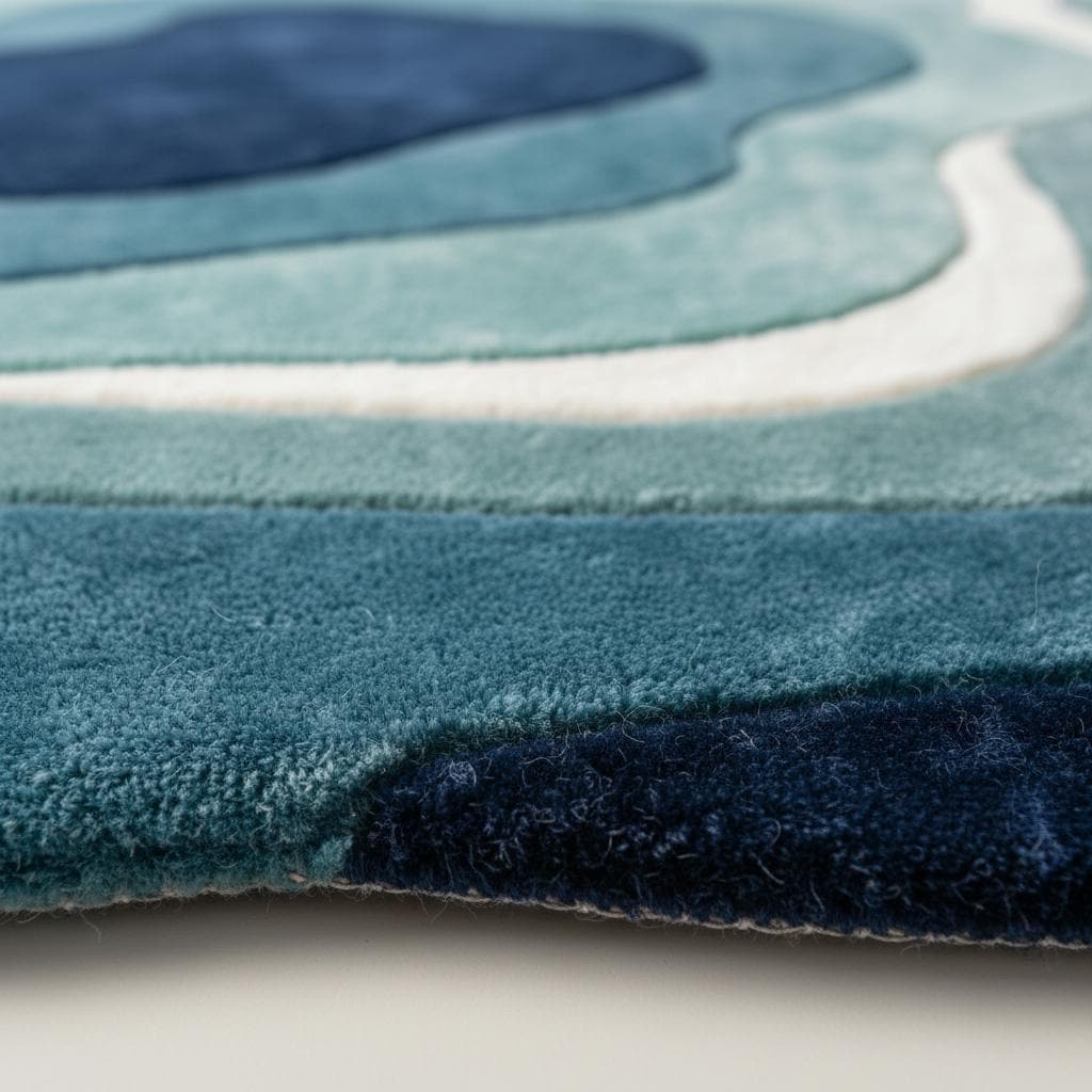 Close-up detail of a handmade tufted rug showing textured wool and stitching