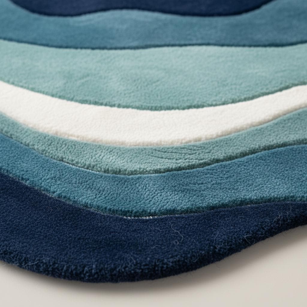 Modern wavy rug with abstract ocean blue pattern and plush textured pile