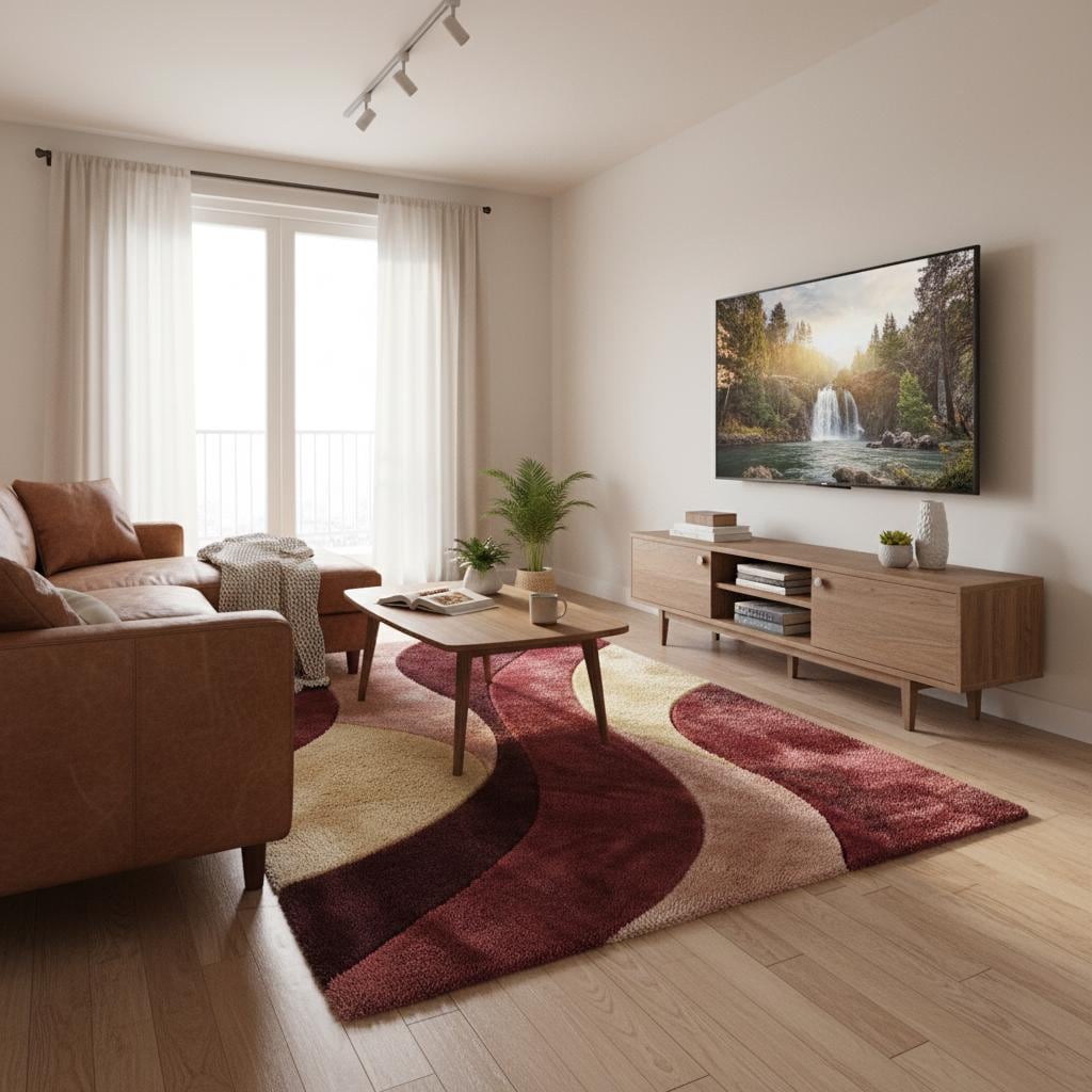 Soft retro modern accent rug featuring curved wave pattern in burgundy, cream, and blush hues.