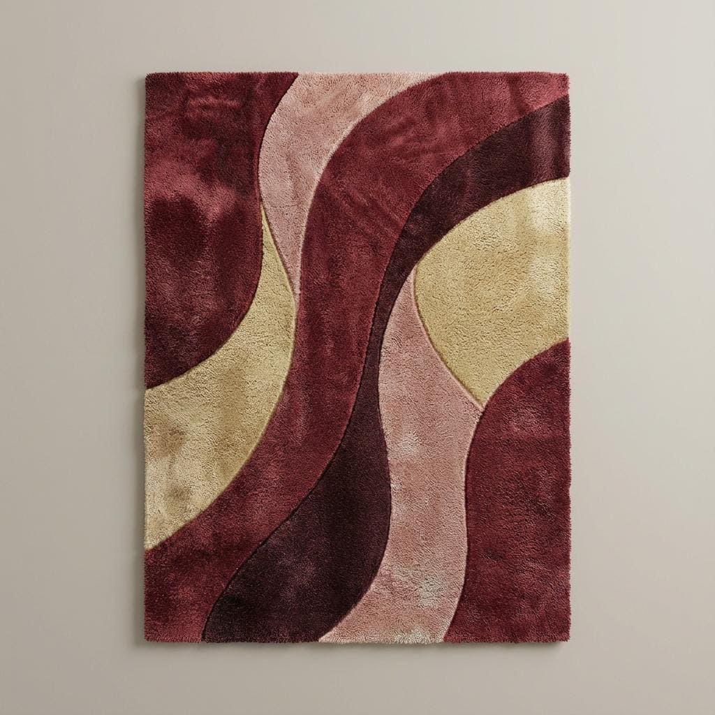 Plush geometric area rug with flowing curved shapes in warm red and neutral shades.