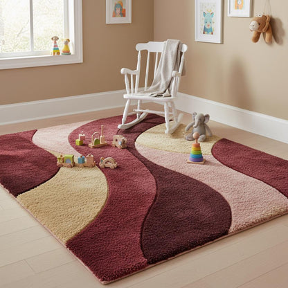 Mid century inspired wavy rug adding cozy style to a vintage themed living room setup.