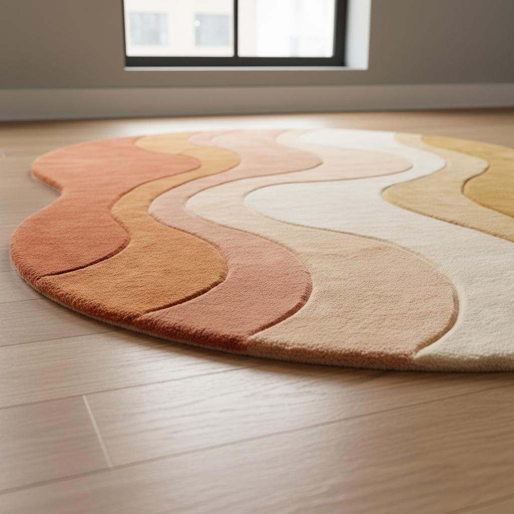 Modern wavy area rug with abstract ocean pattern hand tufted from 100% wool in sunset colors