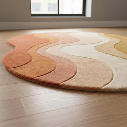 Modern wavy area rug with abstract ocean pattern hand tufted from 100% wool in sunset colors