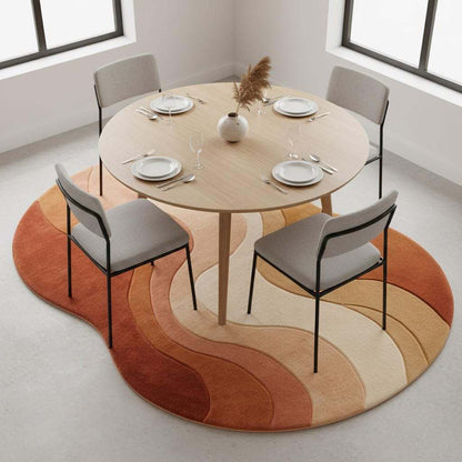 Custom handmade wool carpet with flowing abstract lines in warm earthy hues, photographed in bright living room.