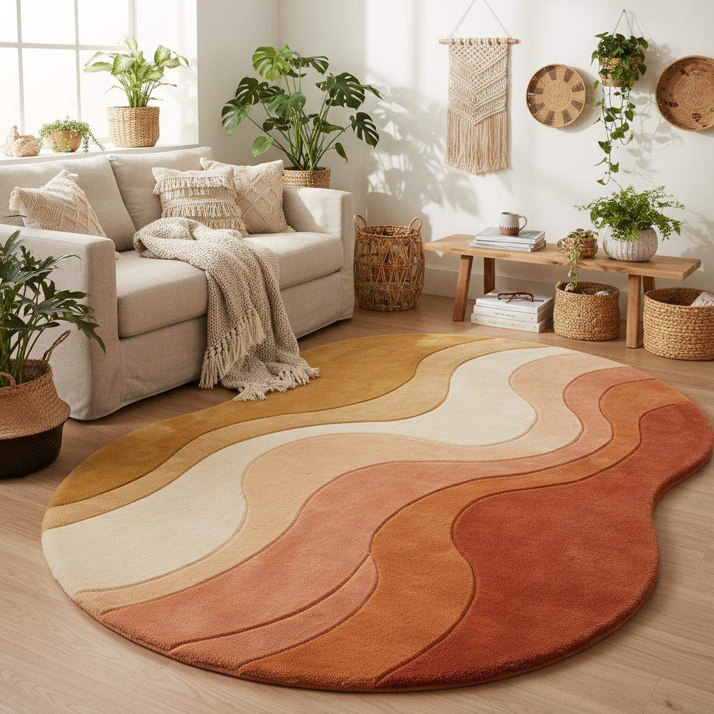 Organic shape wool area rug featuring sculpted wavy design in yellow, cream, and terracotta tones on hardwood flooring.