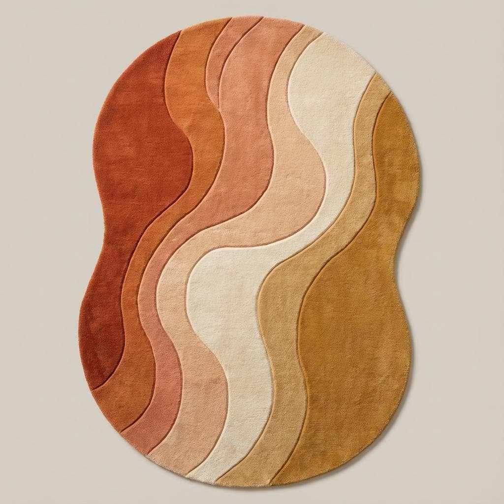 Modern wavy area rug with abstract ocean pattern in warm sunset colors, hand tufted 100% wool carpet with sculptural tufted design and freeform shape.