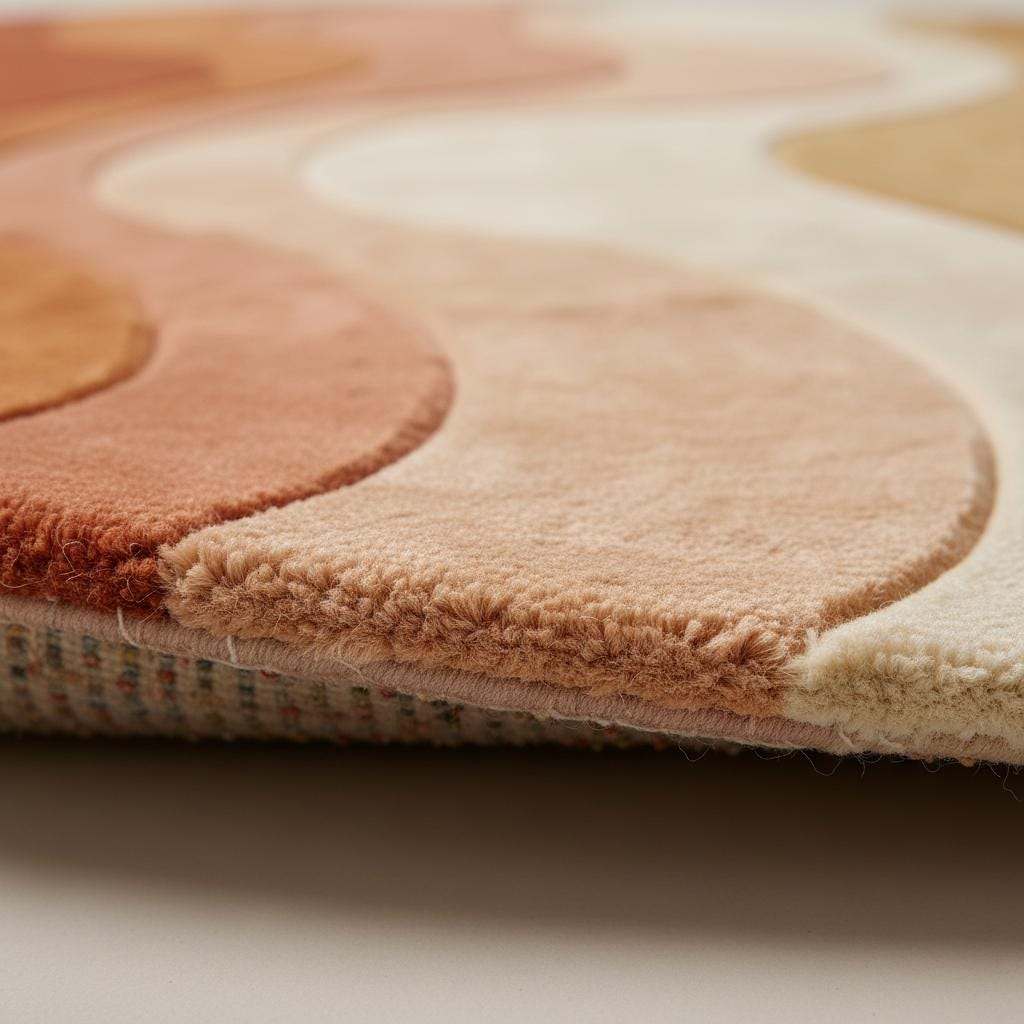 Modern wavy area rug with abstract ocean pattern in sunset colors, hand tufted wool carpet with sculptural texture and freeform shape.