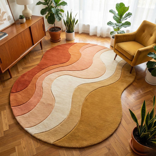 Hand tufted modern wavy area rug in abstract ocean pattern with soft 100% wool texture and sculptural tufted design