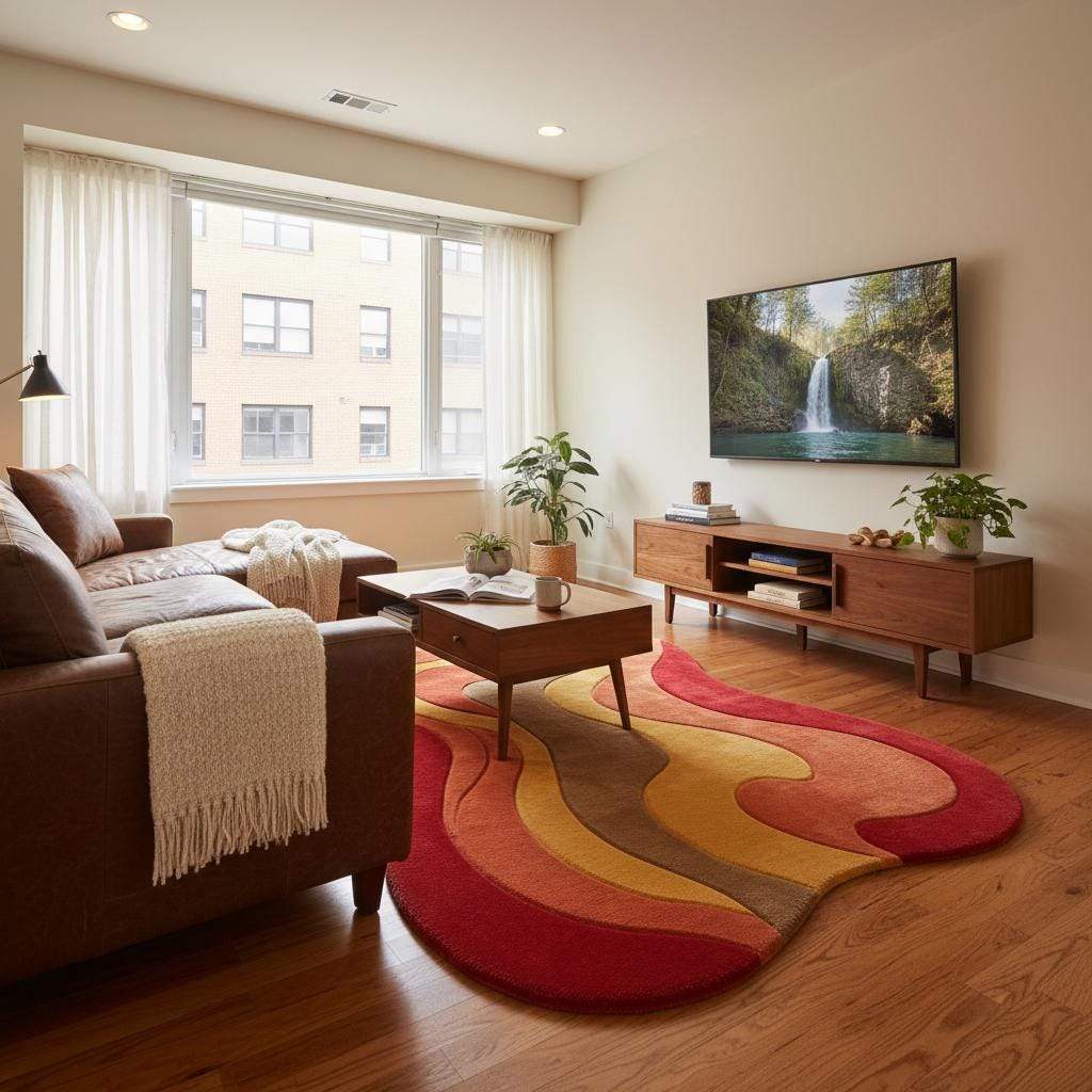 Unique wavy abstract carpet with groovy flowing lines, styled in a vintage-inspired living room with indoor plants and natural light.
