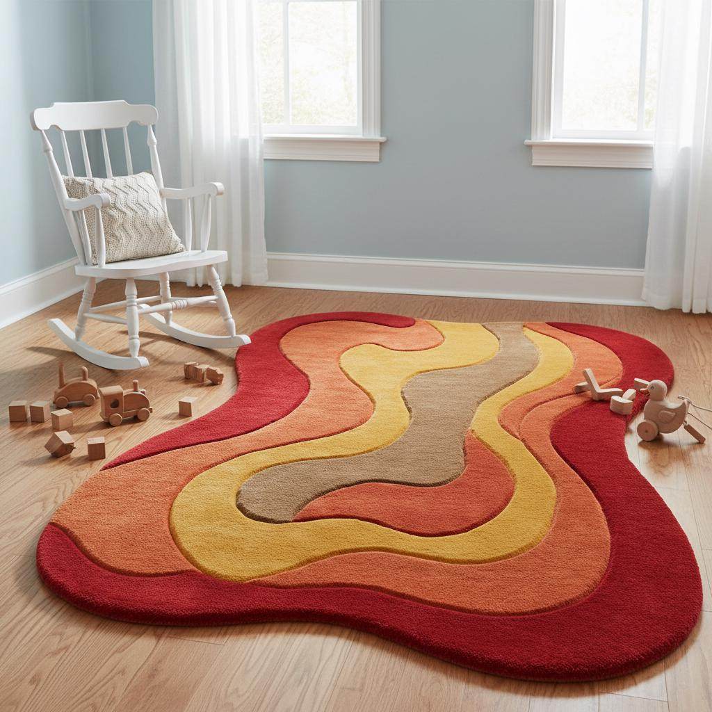 Retro wavy area rug with plush soft pile and vibrant 70s abstract design