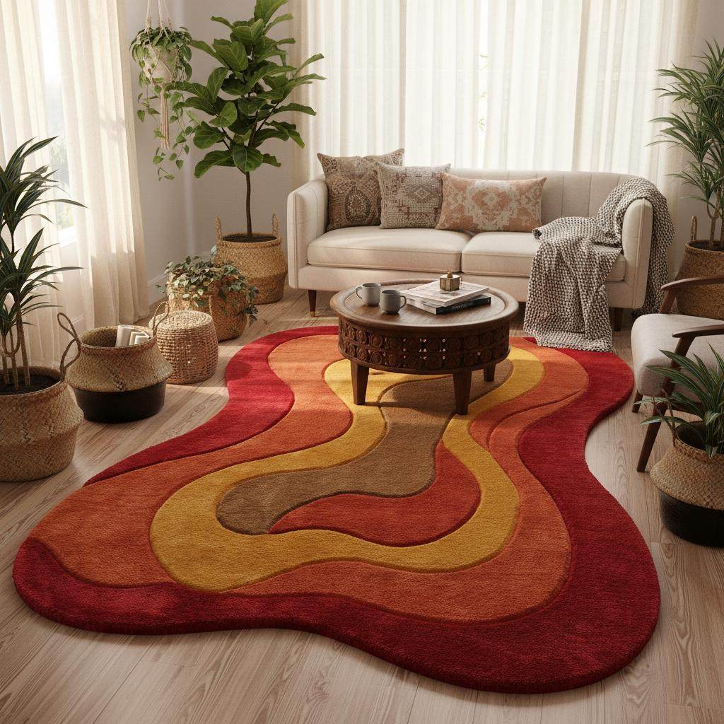 Soft organic-shaped 70s style rug with layered curved lines displayed in a bright living room with mid-century modern furniture.