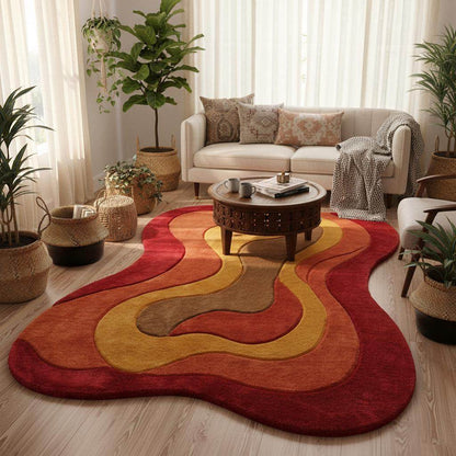 Soft organic-shaped 70s style rug with layered curved lines displayed in a bright living room with mid-century modern furniture.