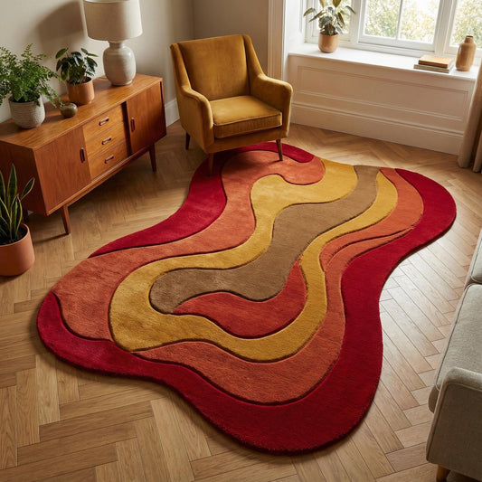 Retro wavy area rug with plush soft pile and 70s style abstract design