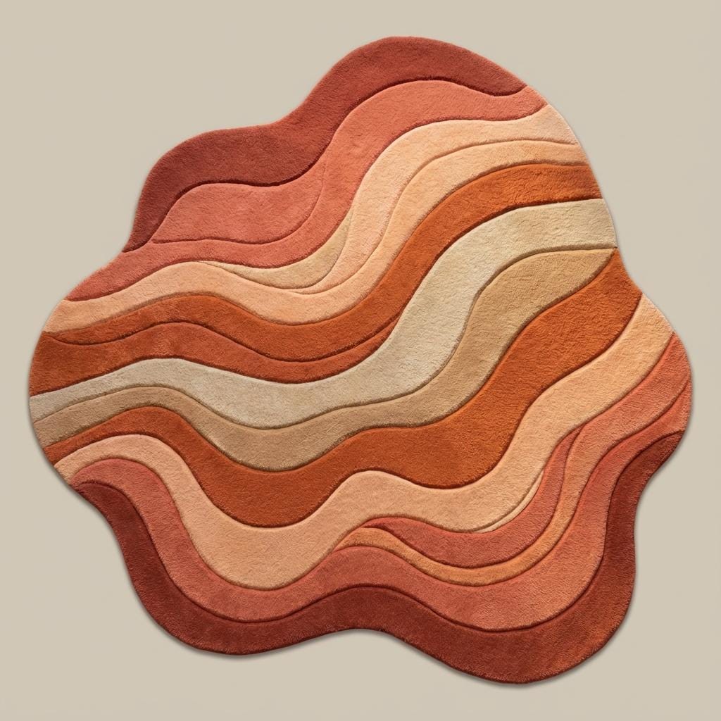 Organic-shaped boho rug with 70s-inspired flowing lines and warm colors on hardwood flooring surrounded by indoor plants.