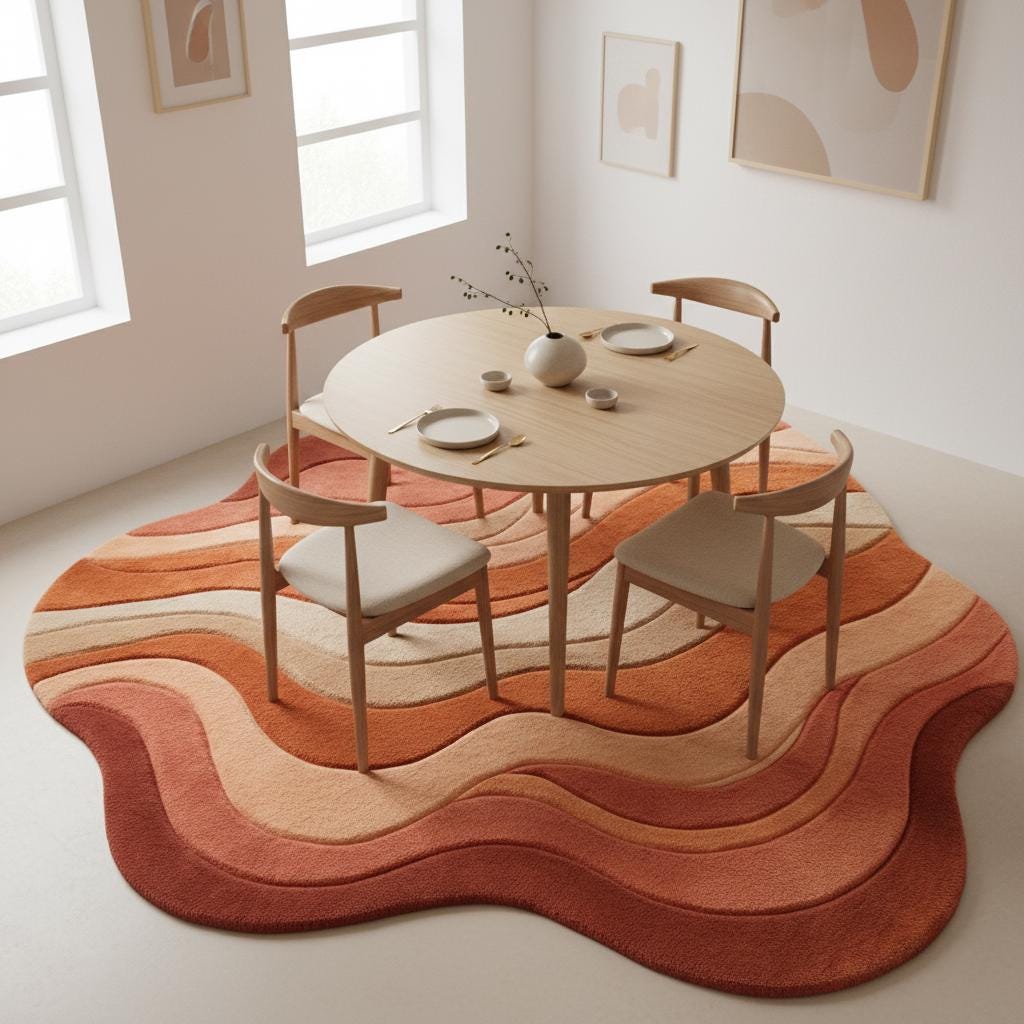 Plush textured accent rug with organic curves and layered tufting adding warmth and dimension to a bright home interior.