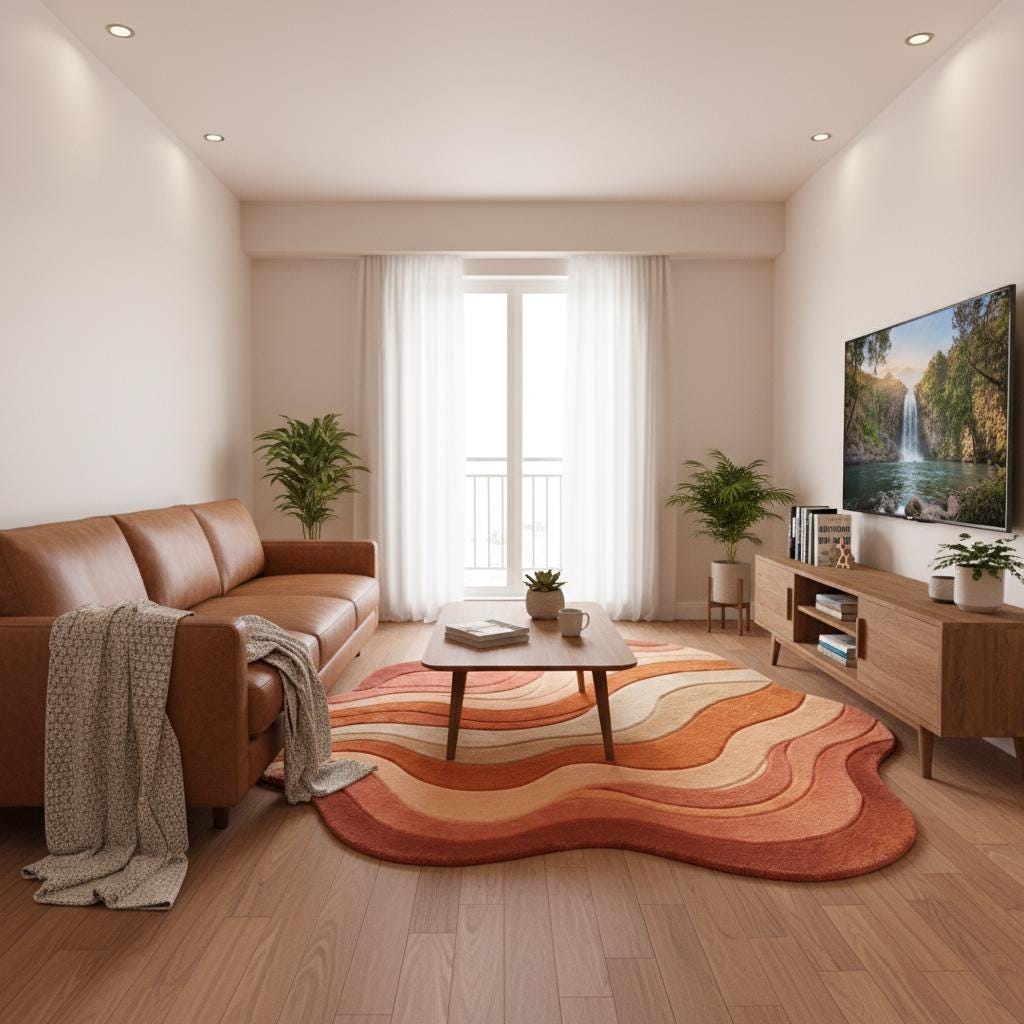 Earth-tone wavy carpet with contour detailing underneath a round modern chair, ideal for boho or mid-century décor.