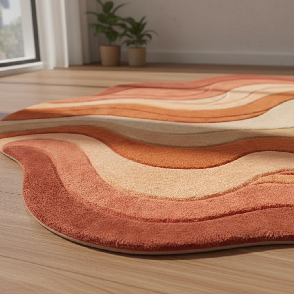 Handcrafted sculpted tuft rug with abstract wavy design creating a cozy, retro-inspired reading nook.