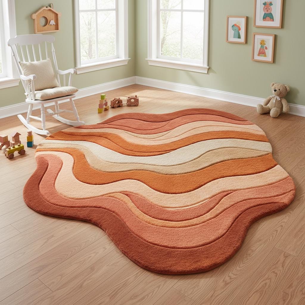 Wavy retro area rug with plush tufted texture and warm earth tones in organic sculpted shape