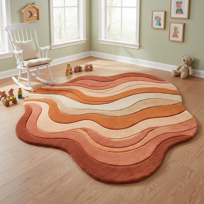 Wavy retro area rug with plush tufted texture and warm earth tones in organic sculpted shape