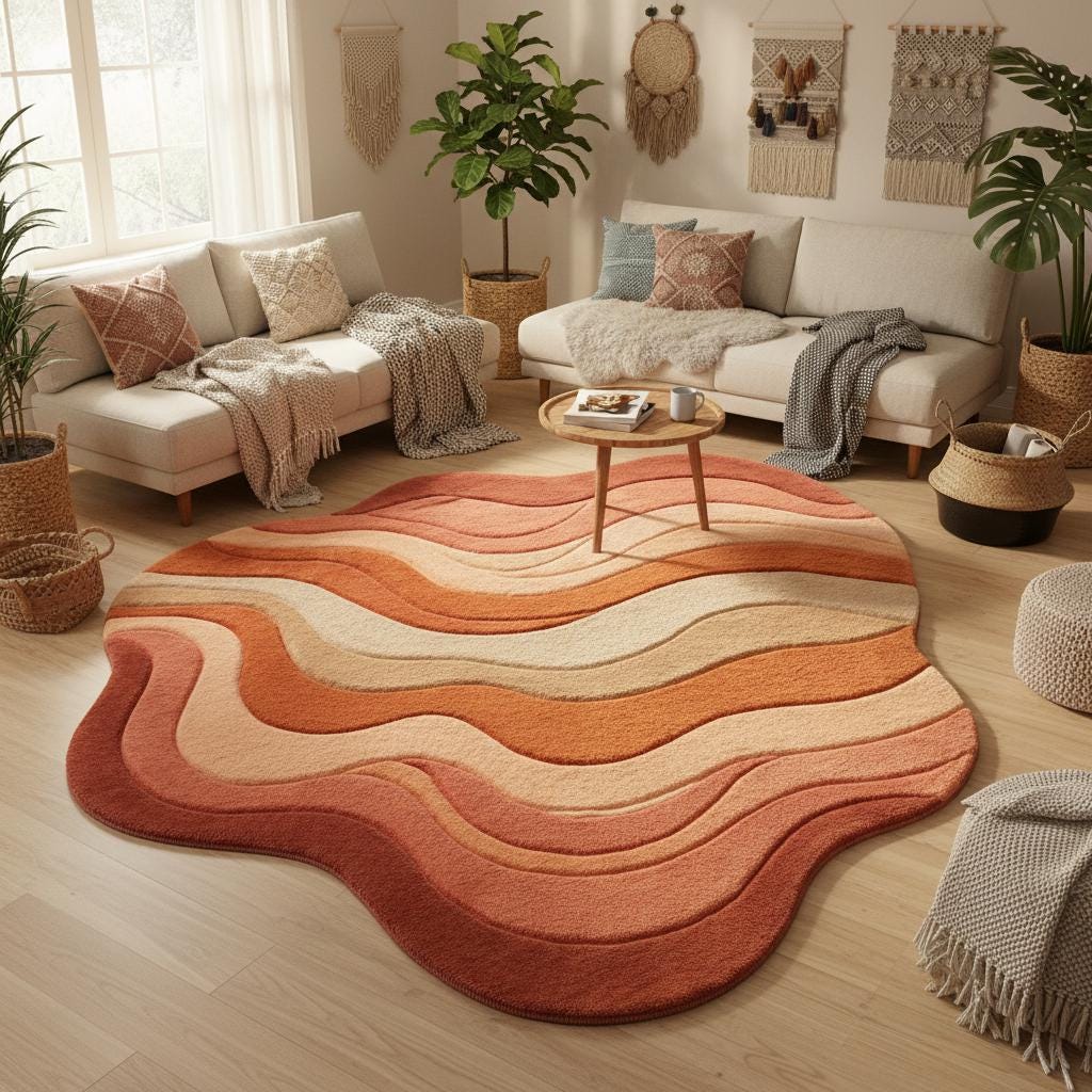 Modern curvy area rug featuring multi-level tufting and soft warm hues styled in a minimalist living space.