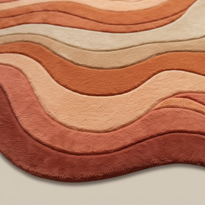 Wavy retro area rug with plush tufted texture in warm earth tones and sculpted organic shape.