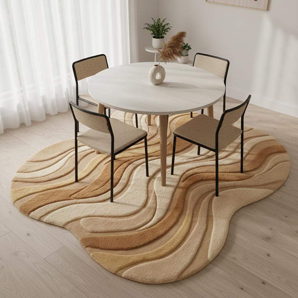 Neutral beige curved area rug with wavy sculpted texture for modern living rooms