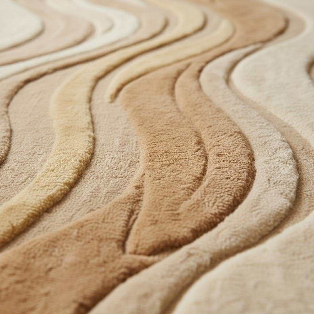 Curved area rug with wavy sculpted texture in neutral beige for modern living rooms
