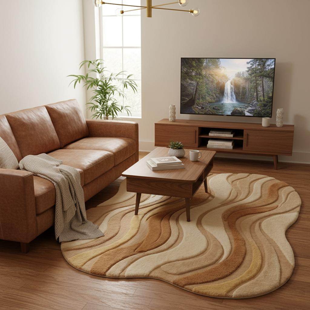 Neutral beige curved area rug with wavy sculpted texture for modern living rooms