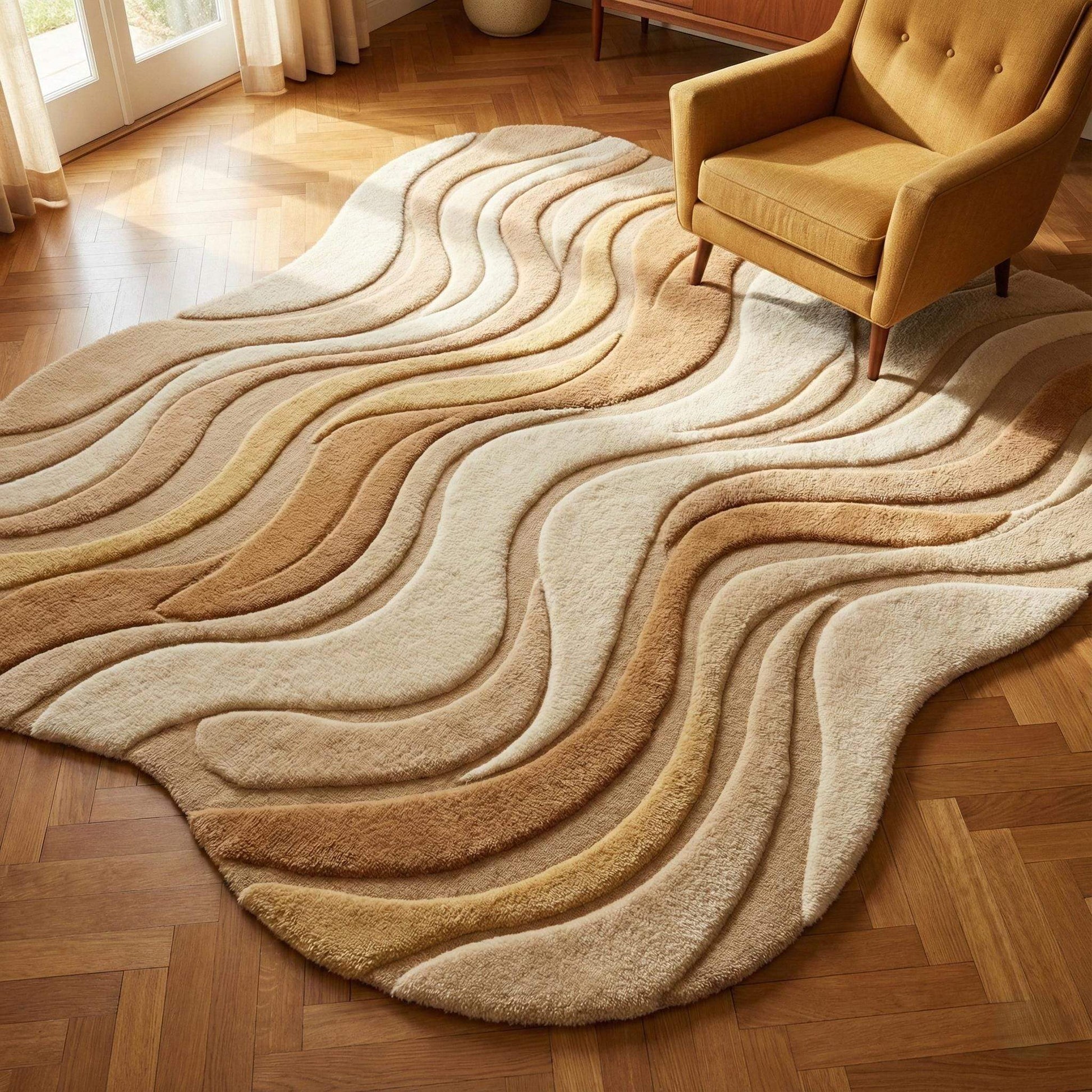 Neutral beige curved area rug with wavy sculpted texture for modern living rooms