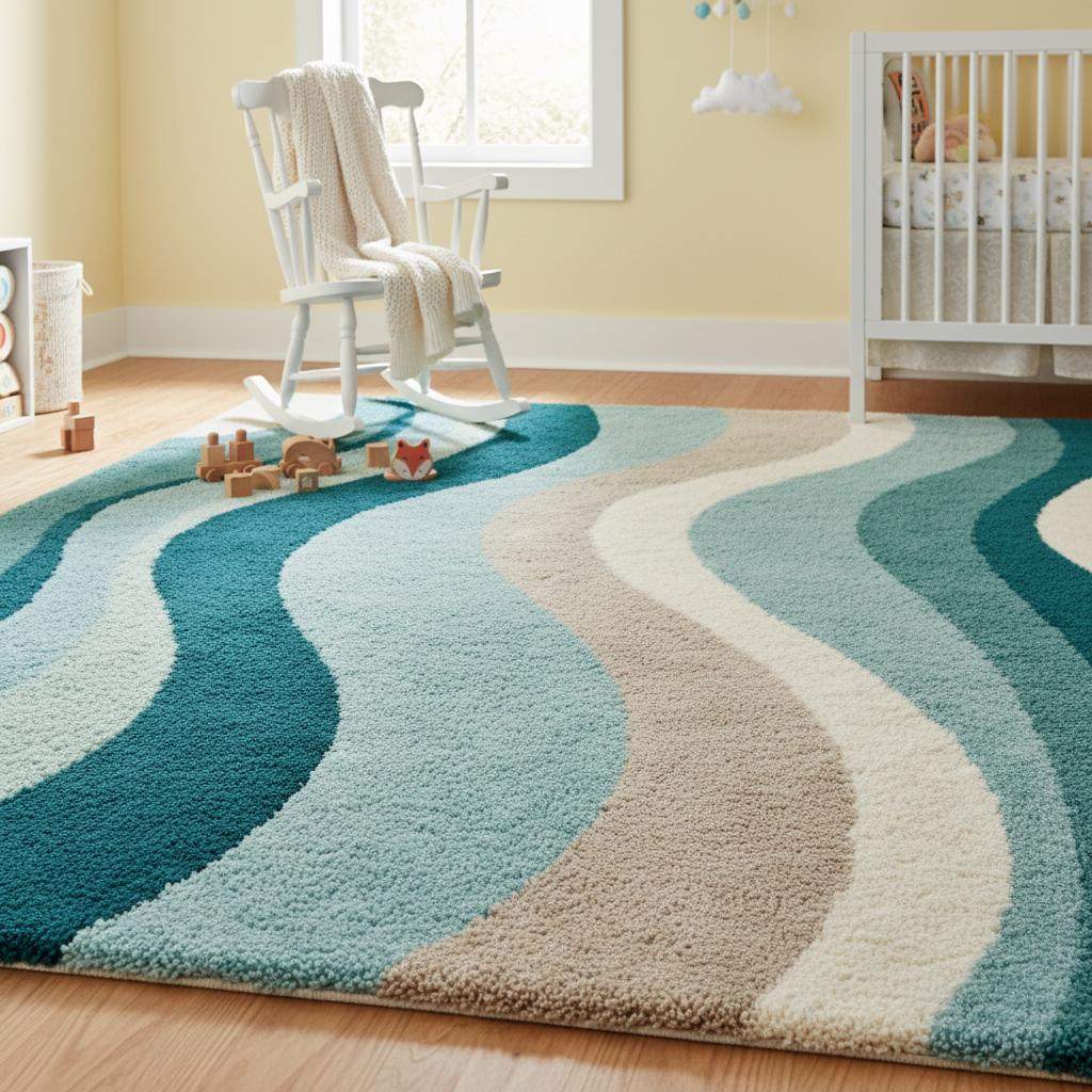 Abstract curvy design area rug in blue tones styled with vintage furniture and indoor plants.